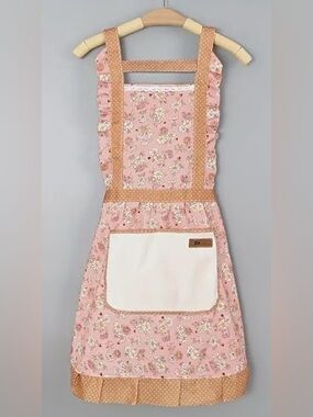 Women’s Pink Rustic Floral Apron Ruffle Edge Homestead Tie up